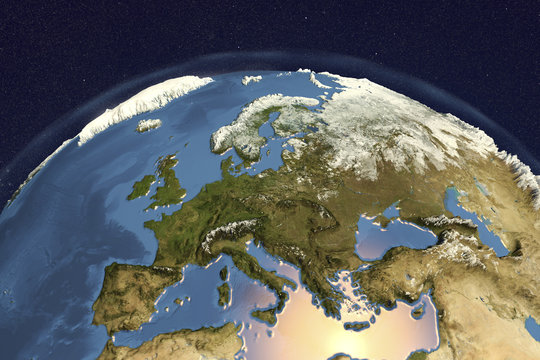 Planet Earth from space showing Europe in winter with enhanced bump, 3D illustration, Elements of this image furnished by NASA