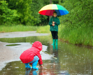 Children walking in wellies in puddle on rainy weather
