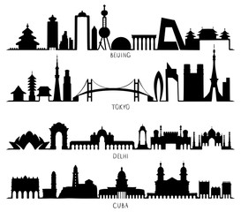 Skyline silhouette with city Landmarks (Beijing, Tokyo, New Delhi, Cuba)