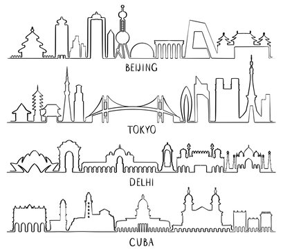 Outline Skyline with city Landmarks (Beijing, Tokyo, New Delhi, Cuba)