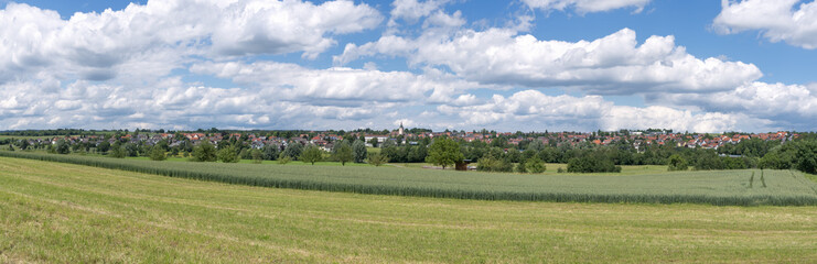 Fototapeta na wymiar Panorama eines ländlichen Ortes im Sommer, aufgenommen in Empfingen in Baden-Württemberg, Deutschland 