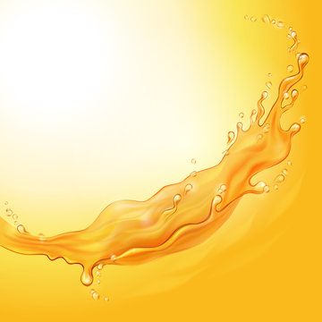 Orange liquid splash. Water, honey, butter, juice, beer, shampoo. Vector illustration.