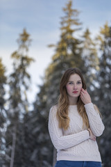 young woman snow walk beauty portrait fun smile candid