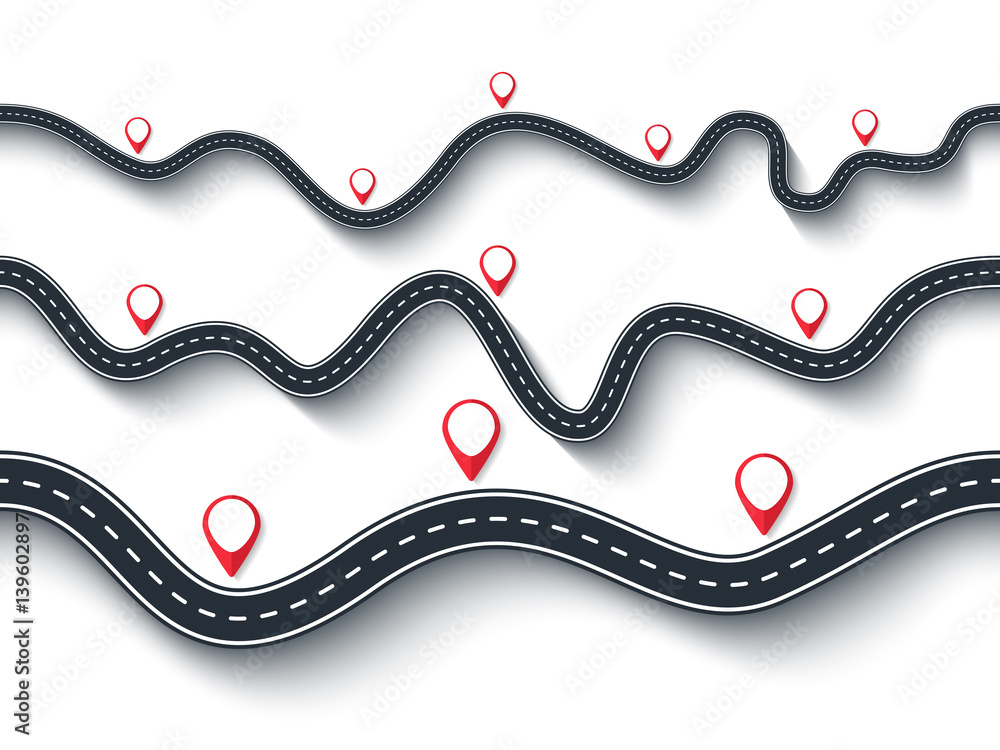 Poster road trip and journey route. seamless winding roads set on a white isolated background with pin poin
