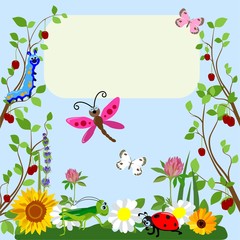 Cute insects Animal cartoon in grass and flowers. Vector illustration.