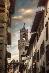 Fototapeta na wymiar Italia,Toscana,Firenze,una via del centro e torre di Palazzo Vecchio.