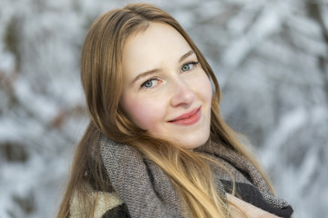 young woman snow walk beauty portrait fun smile candid