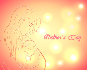 Contour of a mother and her baby with text - Mothers Day celebration. Vector illustration with beautiful woman and child.