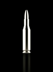 Close Up of Silver Rifle Round on Reflective Black Surface