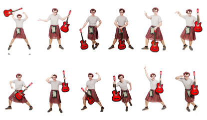 Scotsman playing guitar isolated on white