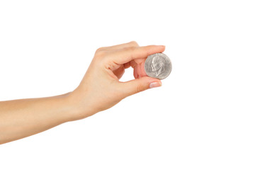 Dollar coin in the woman’s hand, isolated