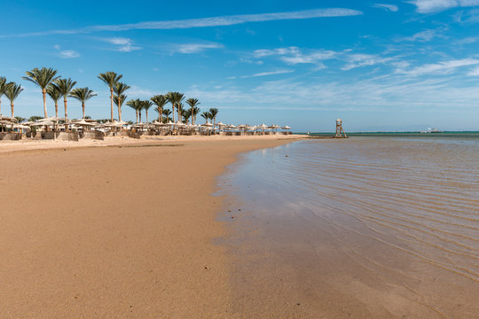 Paradise  landscape on  the beach, Sharm El Sheikh, Nabq bay, Egypt. Vacation on the beach of Red sea