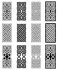 Celtic style endless knot rectangle symbols in white and black inspired by Irish St Patrick's Day, and Irish and Scottish carving art
