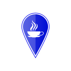Blue map pointer with cup icon. Vector illustration