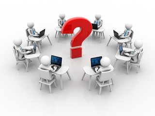 3d people - men, person with computer in a circle, and a question mark, Business Meeting Concept
