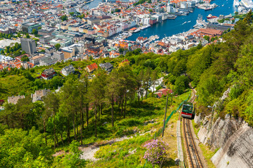 Town of Bergen seen from the mountain of Floyen. The Floibanen is a funicular railway and connects...