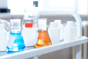 Test-tubes with colorful chemical reagent. Laboratory glassware. Chemical Laboratory