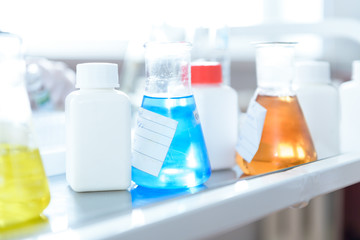 Test-tubes with colorful chemical reagent. Laboratory glassware. Chemical Laboratory