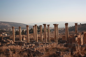 Historic columns in ancient Jerash in Jordan, Middle East