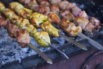 Meat fried on  grill. Close up