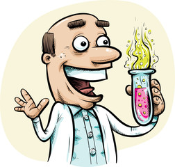 A happy, cartoon scientist holding a test tube containing bubbling, steaming chemicals.