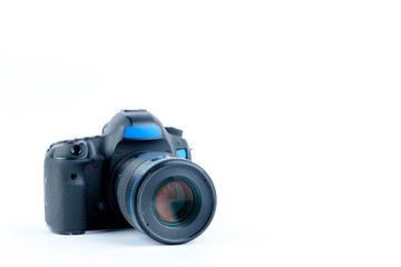 One black camera isolated on white background