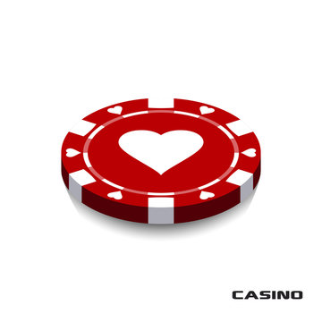 Red heart Casino Chip Icon. Casino Chip Vector Illustration. Casino Chip lie on isolated on white background.
