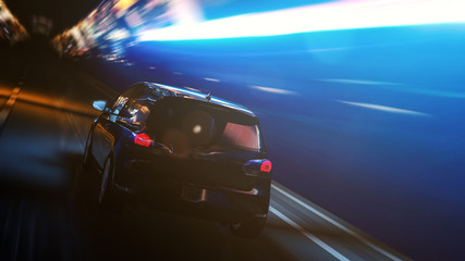 Schnelles Auto bei Nacht in einer Stadt