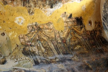 Historical fresco in the desert castle Qusair Amra in Jordan, Middle East