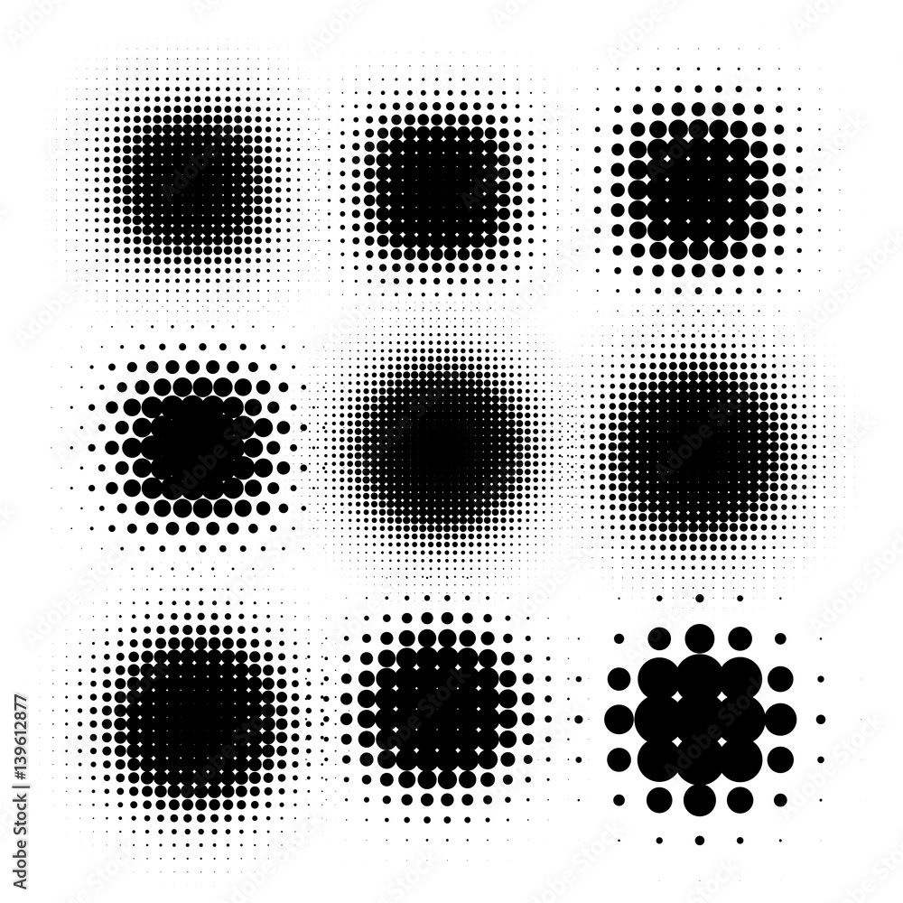 Poster Isolated black color abstract round shape halftone dotted logo set, dots decorative elements collection vector illustration