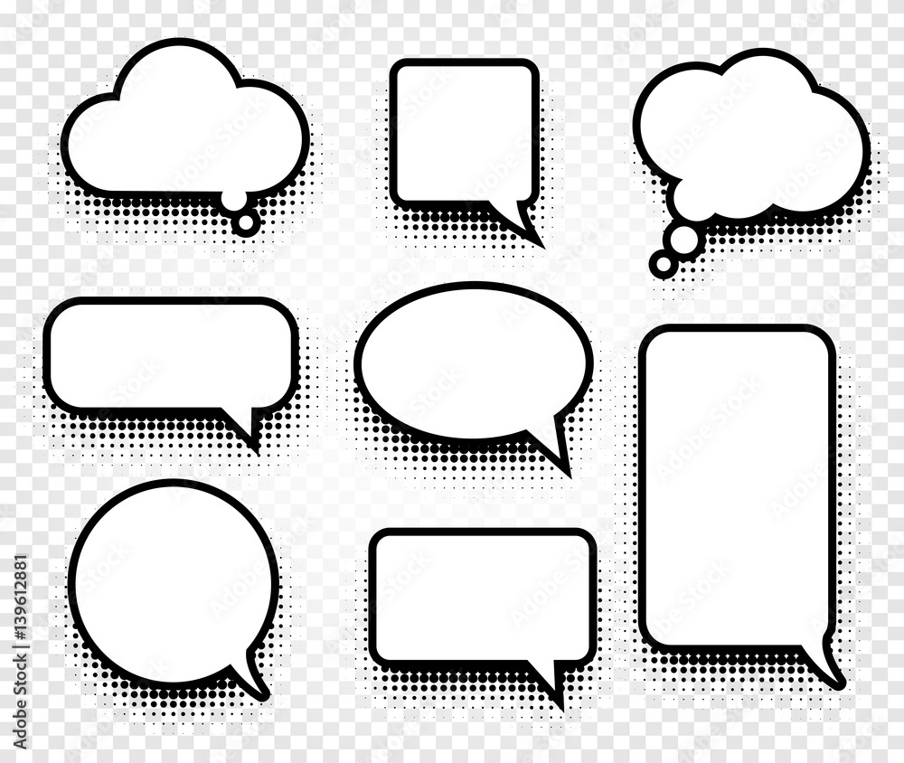 Poster isolated abstract black and white color comics speech balloons icons collection on checkered backgro