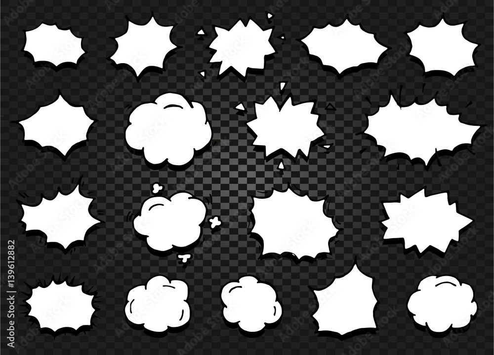 Poster isolated abstract black and white color comics speech balloons icons collection on checkered backgro