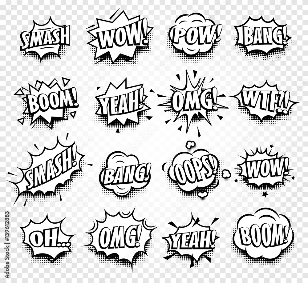 Aufkleber Isolated abstract black and white color comics speech balloons icons collection on checkered background, dialogue boxes with popular expressions set,pop art dialog frames vector illustration
