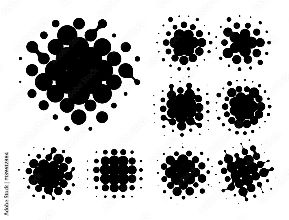 Poster Isolated black color abstract round shape halftone dotted logo set, dots decorative elements collection vector illustration