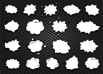 Isolated abstract black and white color comics speech balloons icons collection on checkered background, dialogue boxes signs set,dialog frames vector illustration