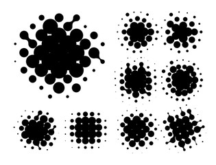 Isolated black color abstract round shape halftone dotted logo set, dots decorative elements collection vector illustration
