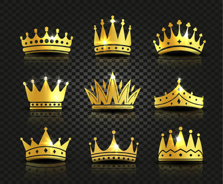 Isolated golden color crowns logo collection on black background, luxury royal sign vector illustrations set
