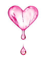 Heart made of transparent  liquid with drops isolated on white