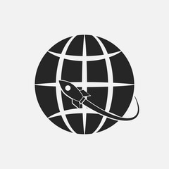 Monochrome isolated logo of a rocket flying around the globe