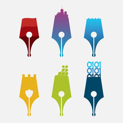 Set of vector old logo ink pens represent different environments and spheres of life and activities of people