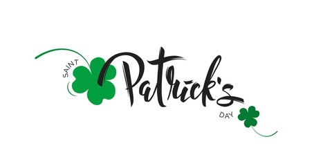 Saint Patrick`s day handwritten lettering typography isolated on white background.  Holiday background with cloves and calligraphic text. Vector illustration.
