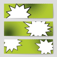 Abstract creative concept vector comic pop art style blank, layout template with clouds beams and isolated dots background. For sale banner, empty speech bubble set, illustration halftone book design.