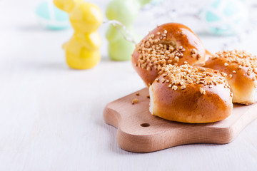 Homemade brioche buns on Easter table