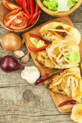 Grilled cheese and toasted baguette. Vegetarian barbecue. The food at the party.