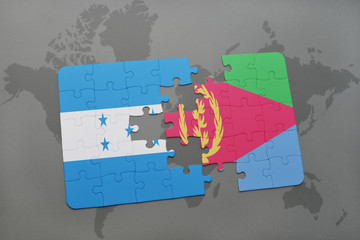 puzzle with the national flag of honduras and eritrea on a world map