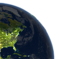 East coast of North America at night on planet Earth