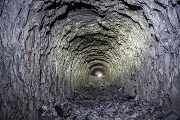 Chalk mine tunnel with traces of drilling machine