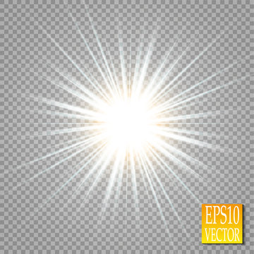 Glow light effect. Starburst with sparkles on transparent background. Vector illustration. Sun
