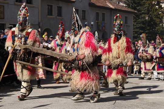 Shiroka Laka, Bulgaria - March 5, 2017: Traditional Kukeri costume at the Festival of the Masquerade Games Pesponedelnik in Shiroka laka, Bulgaria