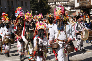 Shiroka Laka, Bulgaria - March 5, 2017: Traditional Kukeri costume at the Festival of the Masquerade Games Pesponedelnik in Shiroka laka, Bulgaria